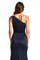 Load image into Gallery viewer, Navy Sheath Satin One Shoulder Long Prom Dress