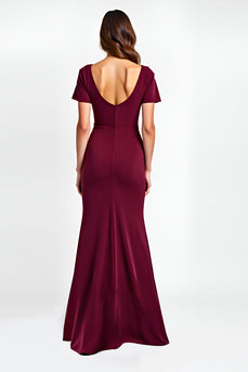 Burgundy Sheath Satin V-Neck Backless Long Formal Dress