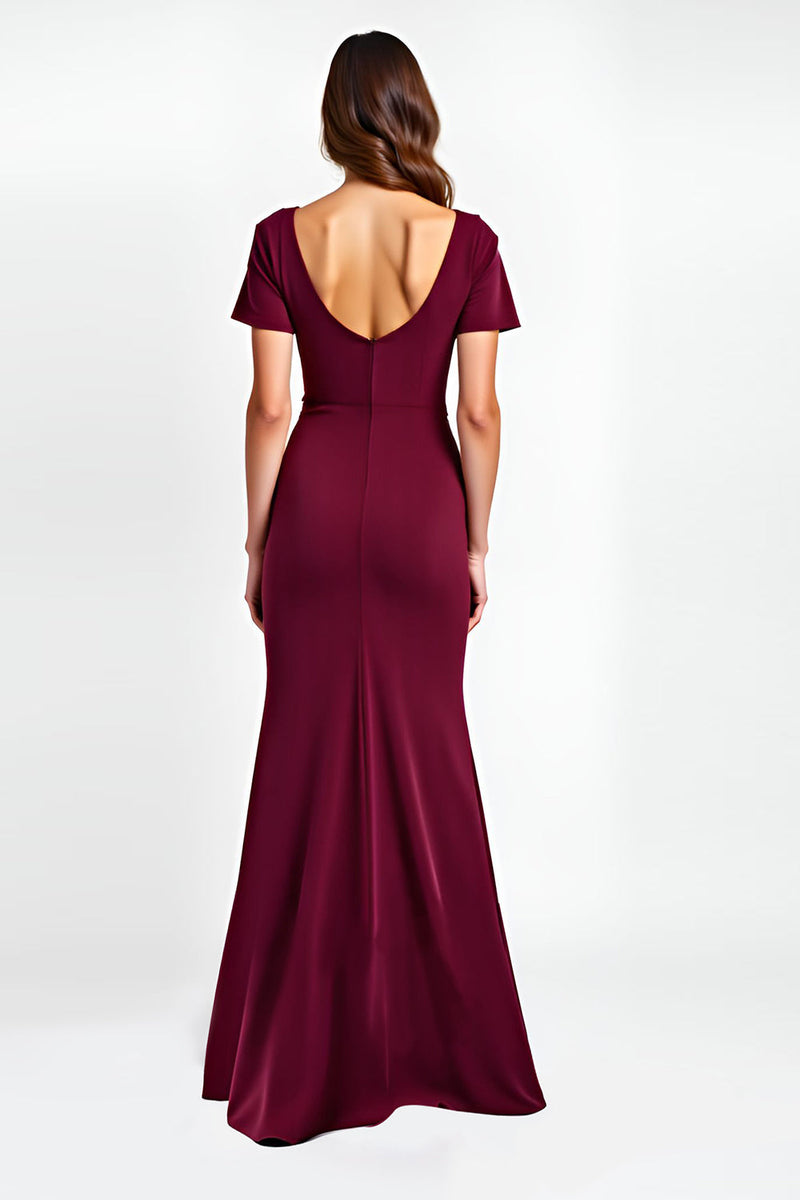 Load image into Gallery viewer, Burgundy Sheath Satin V-Neck Backless Long Formal Dress
