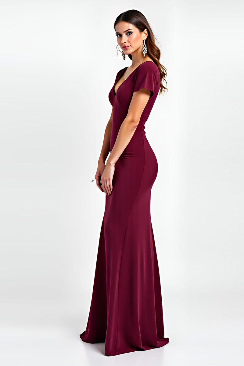 Load image into Gallery viewer, Burgundy Sheath Satin V-Neck Backless Long Formal Dress