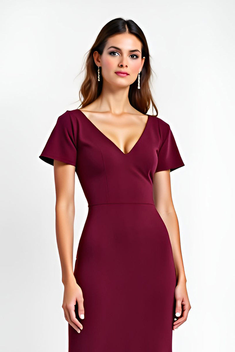 Load image into Gallery viewer, Burgundy Sheath Satin V-Neck Backless Long Formal Dress