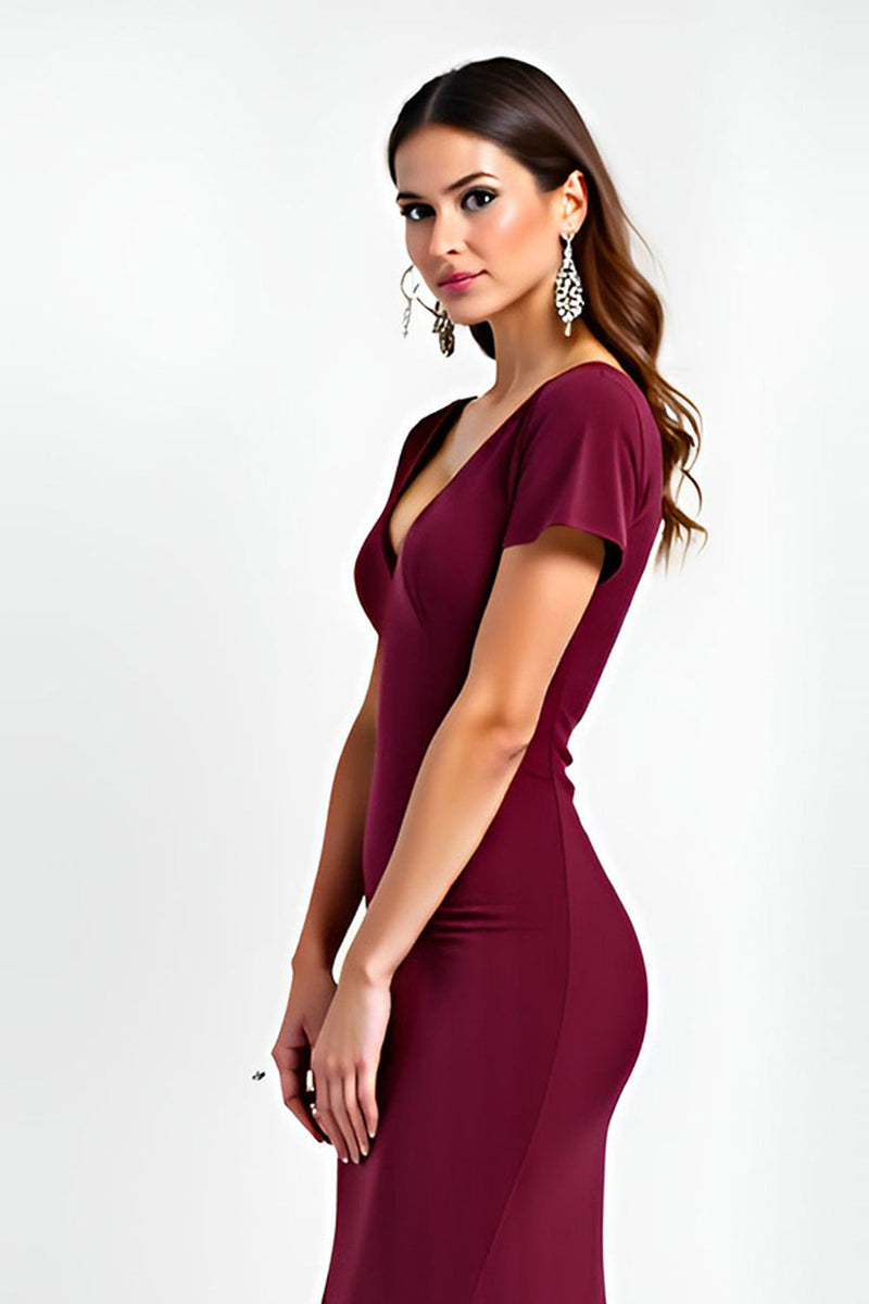 Load image into Gallery viewer, Burgundy Sheath Satin V-Neck Backless Long Formal Dress