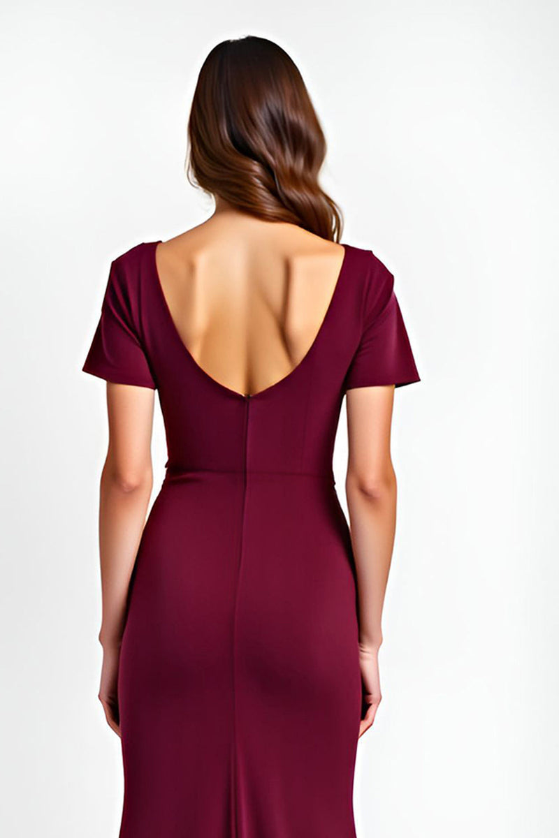 Load image into Gallery viewer, Burgundy Sheath Satin V-Neck Backless Long Formal Dress
