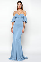 Load image into Gallery viewer, Dusty Blue Sheath Off the Shoulder Ruffled Long Prom Dress