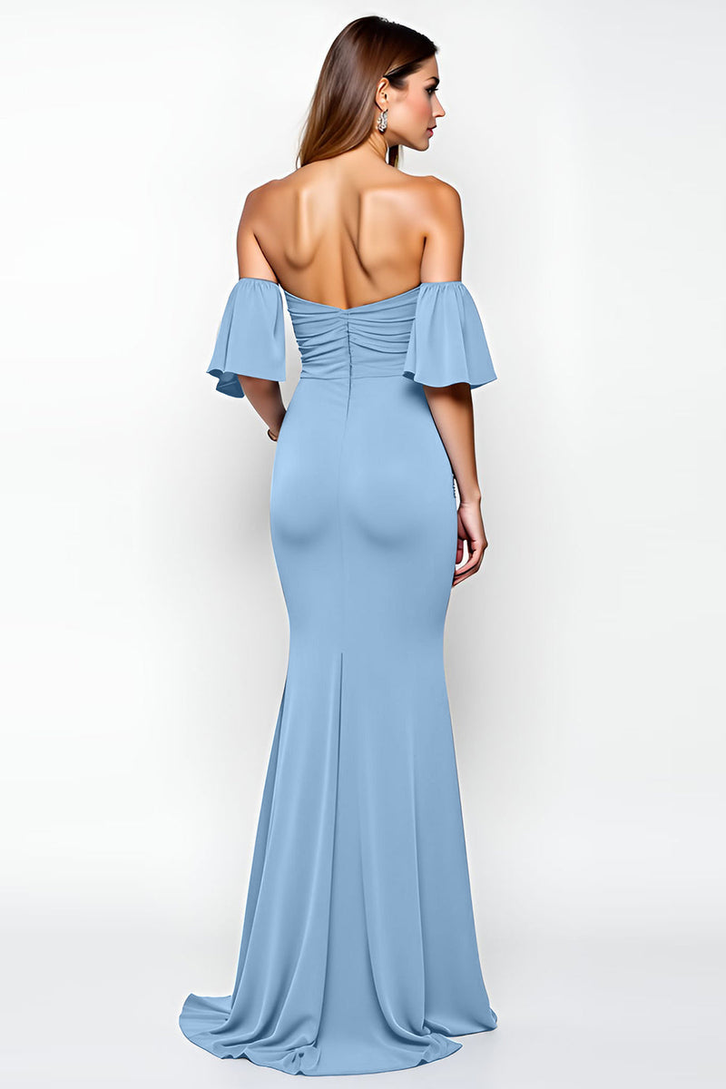 Load image into Gallery viewer, Dusty Blue Sheath Off the Shoulder Ruffled Long Prom Dress