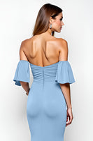 Load image into Gallery viewer, Dusty Blue Sheath Off the Shoulder Ruffled Long Prom Dress