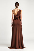 Load image into Gallery viewer, Brown Sheath One Shoulder Long Prom Dress with Bow