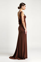 Load image into Gallery viewer, Brown Sheath One Shoulder Long Prom Dress with Bow