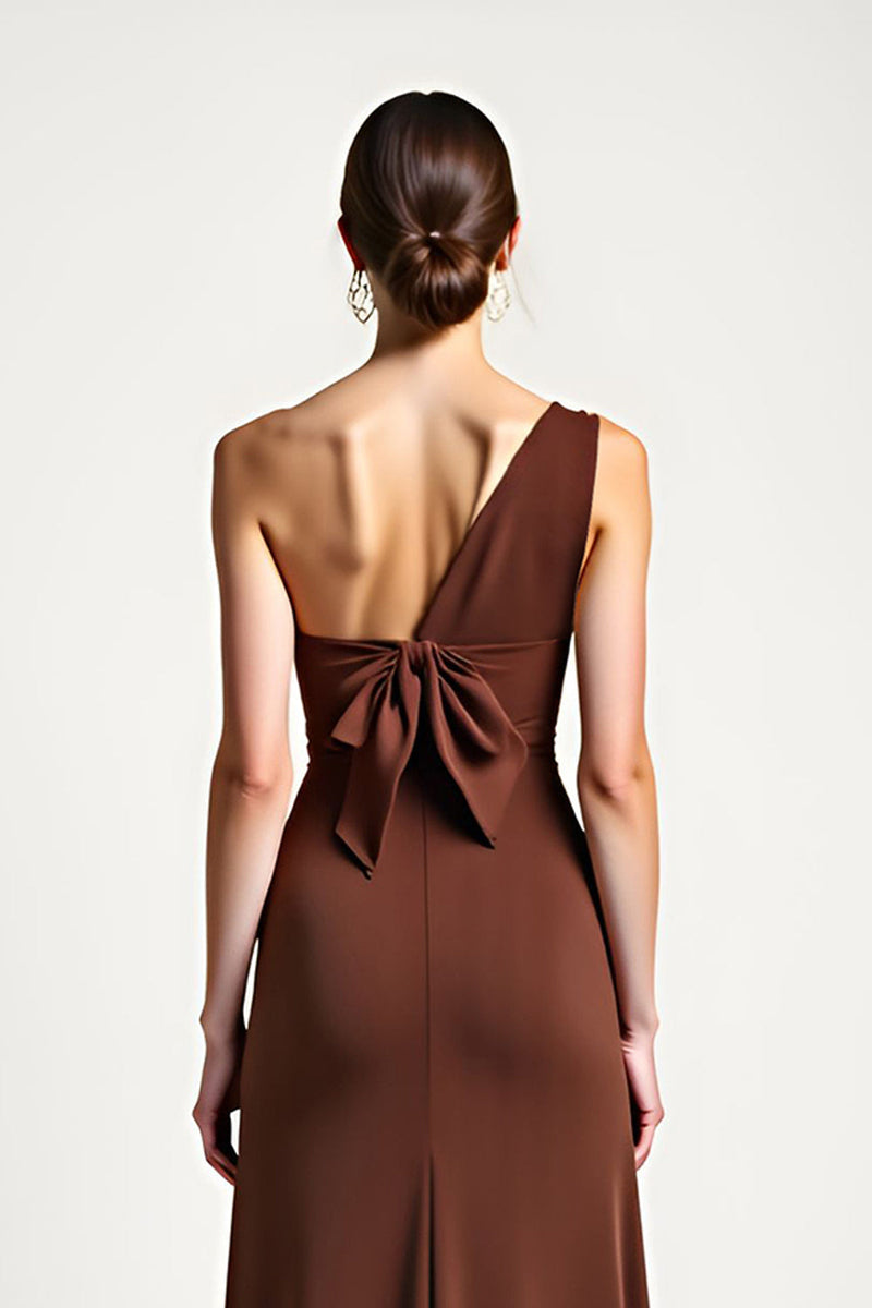 Load image into Gallery viewer, Brown Sheath One Shoulder Long Prom Dress with Bow