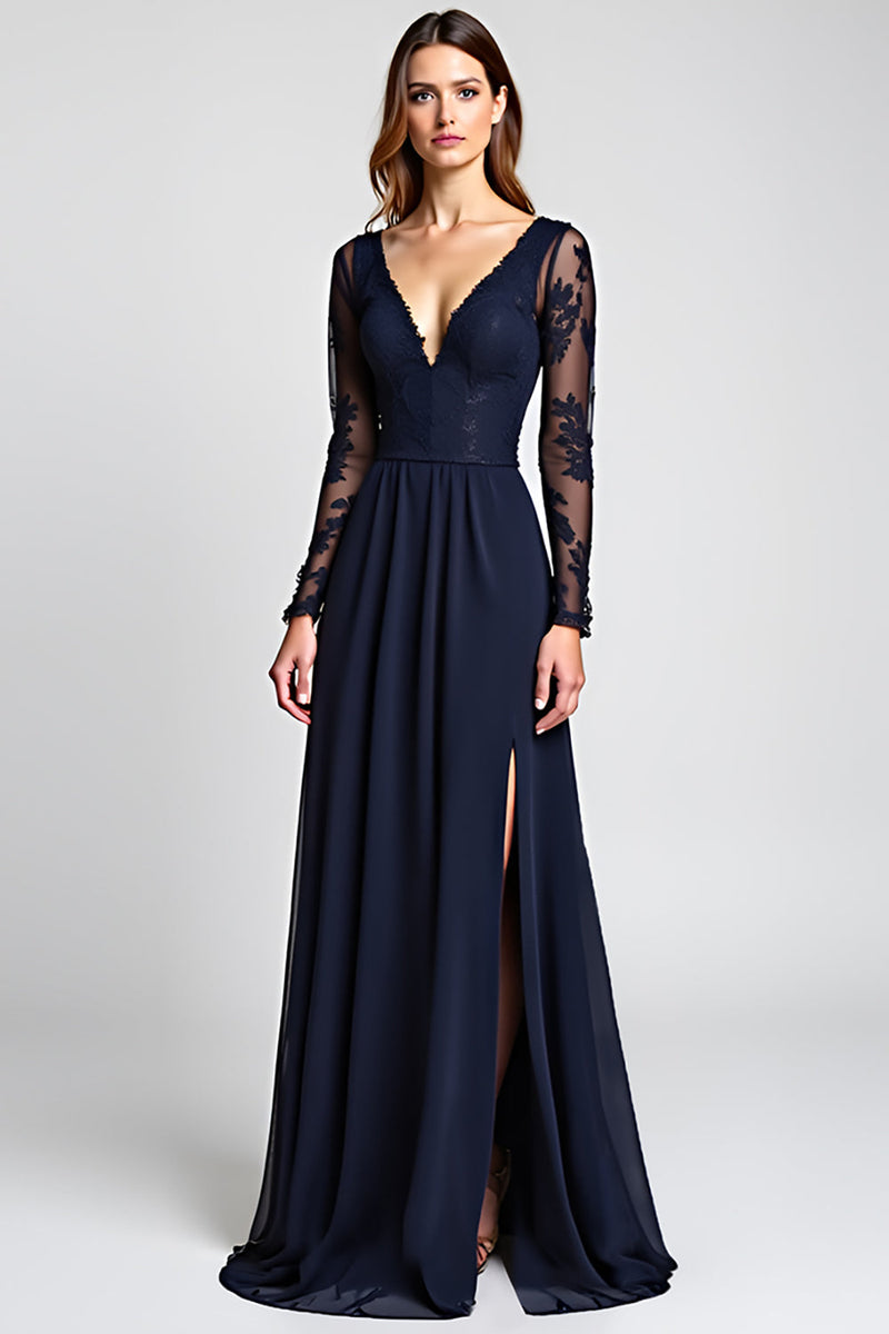 Load image into Gallery viewer, A Line Navy V-Neck Long Mother of the Bride Dress with Long Sleeves
