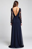 Load image into Gallery viewer, A Line Navy V-Neck Long Mother of the Bride Dress with Long Sleeves