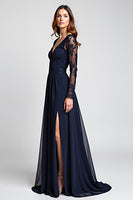 Load image into Gallery viewer, A Line Navy V-Neck Long Mother of the Bride Dress with Long Sleeves