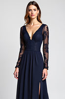 Load image into Gallery viewer, A Line Navy V-Neck Long Mother of the Bride Dress with Long Sleeves