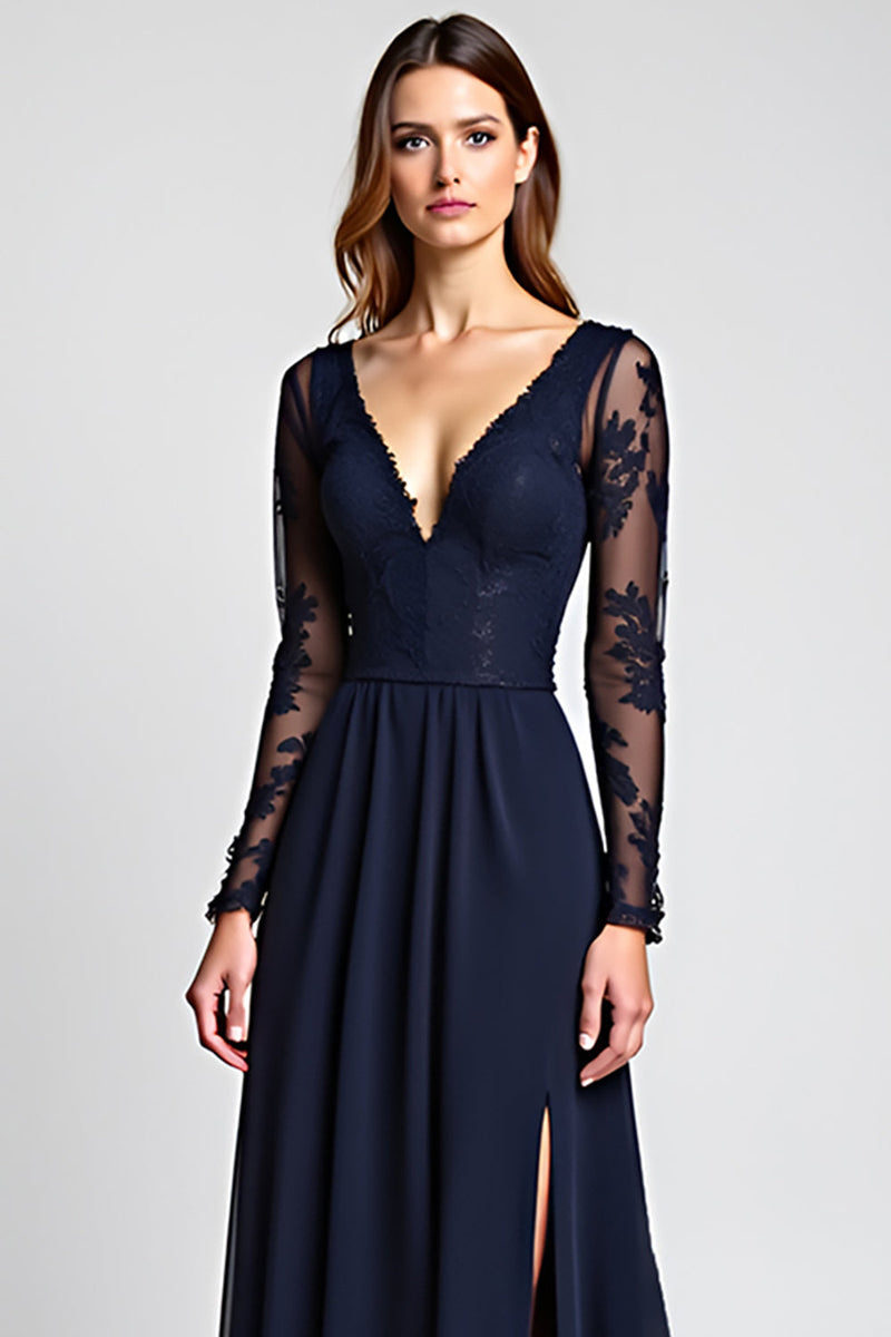 Load image into Gallery viewer, A Line Navy V-Neck Long Mother of the Bride Dress with Long Sleeves