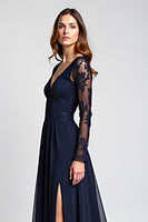 Load image into Gallery viewer, A Line Navy V-Neck Long Mother of the Bride Dress with Long Sleeves
