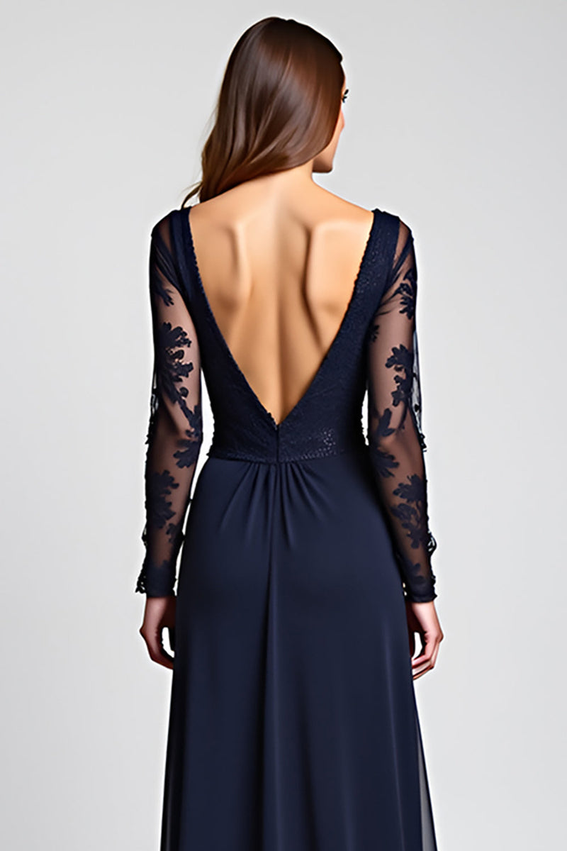 Load image into Gallery viewer, A Line Navy V-Neck Long Mother of the Bride Dress with Long Sleeves