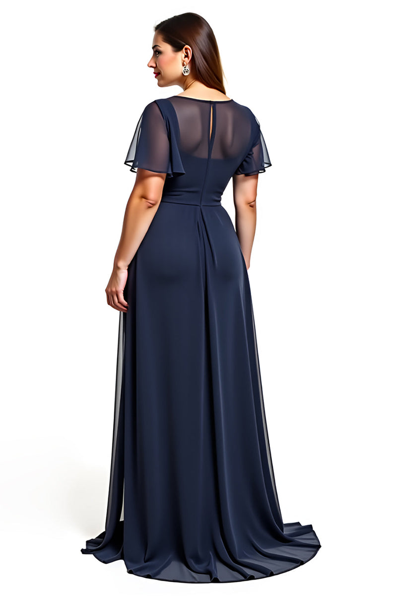 Load image into Gallery viewer, A Line Navy Boat Neck Keyhole Long Mother of the Bride Dress with Beading
