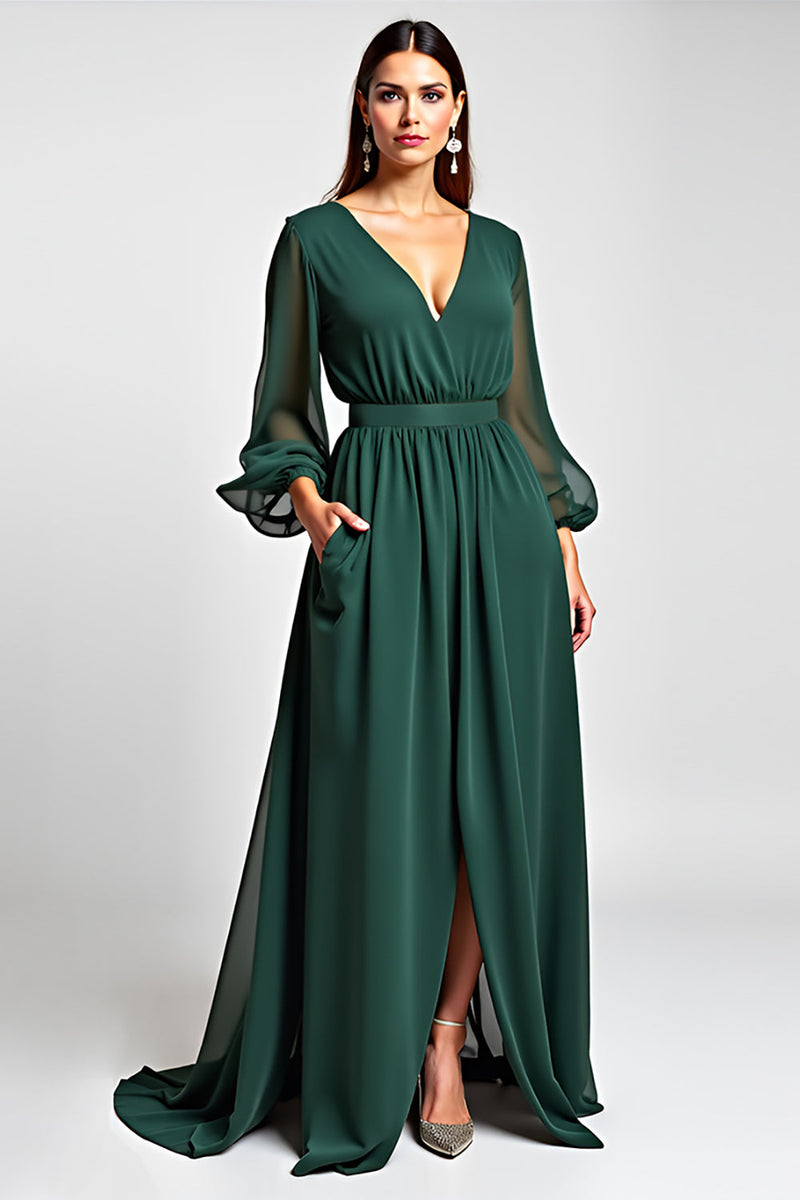 Load image into Gallery viewer, Dark Green A Line V-Neck Long Sleeve Mother of the Bride Dress With Slit