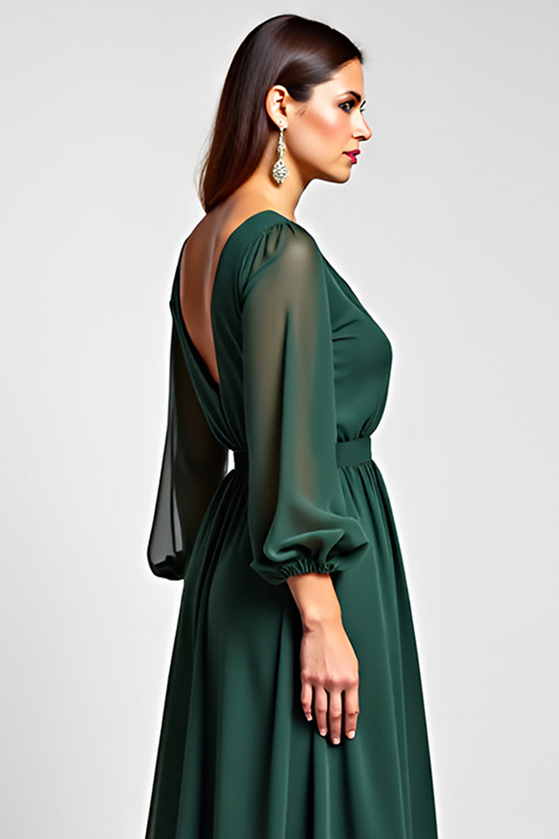 Load image into Gallery viewer, Dark Green A Line V-Neck Long Sleeve Mother of the Bride Dress With Slit
