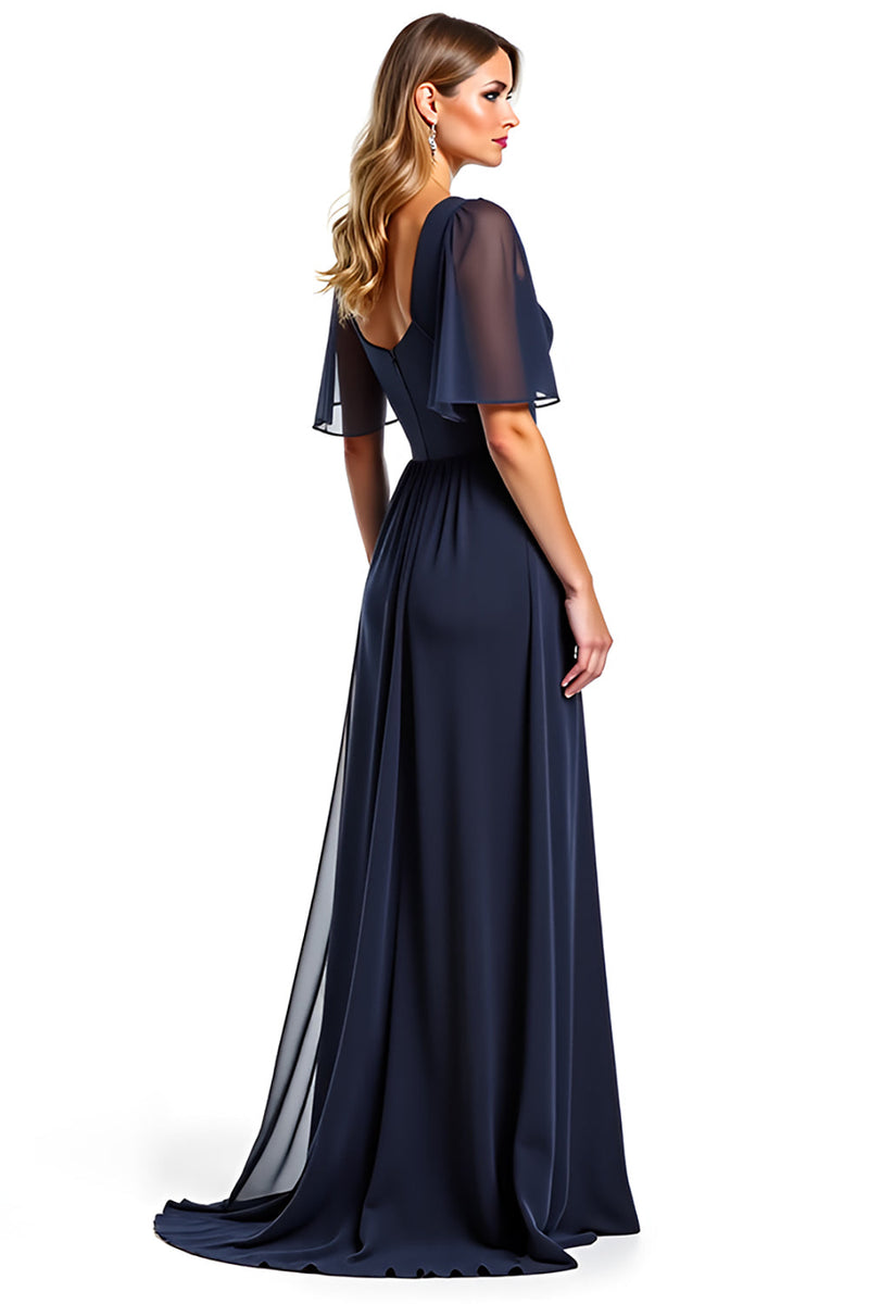 Load image into Gallery viewer, Navy A Line V-Neck Chiffon Long Mother of the Bride Dress