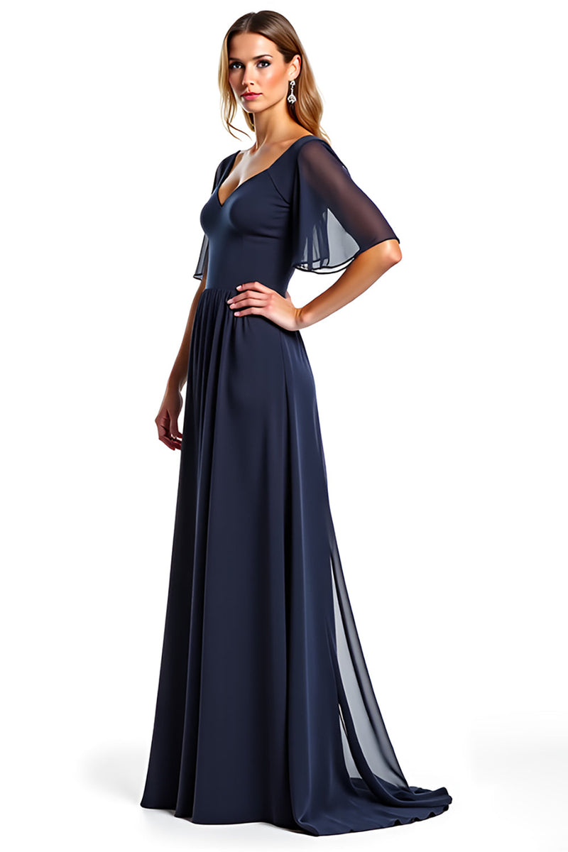 Load image into Gallery viewer, Navy A Line V-Neck Chiffon Long Mother of the Bride Dress