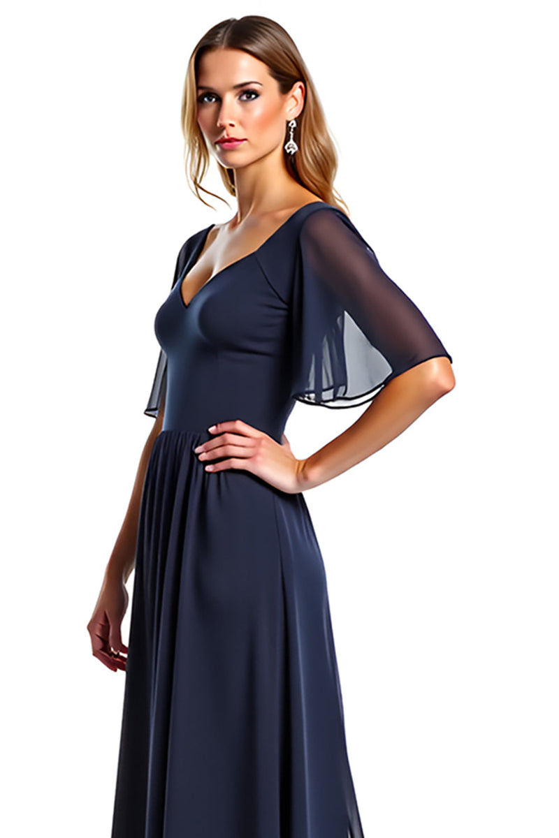 Load image into Gallery viewer, Navy A Line V-Neck Chiffon Long Mother of the Bride Dress