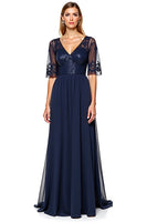 Load image into Gallery viewer, Navy A Line V-Neck Long Backless Mother of the Bride Dress with Sequins