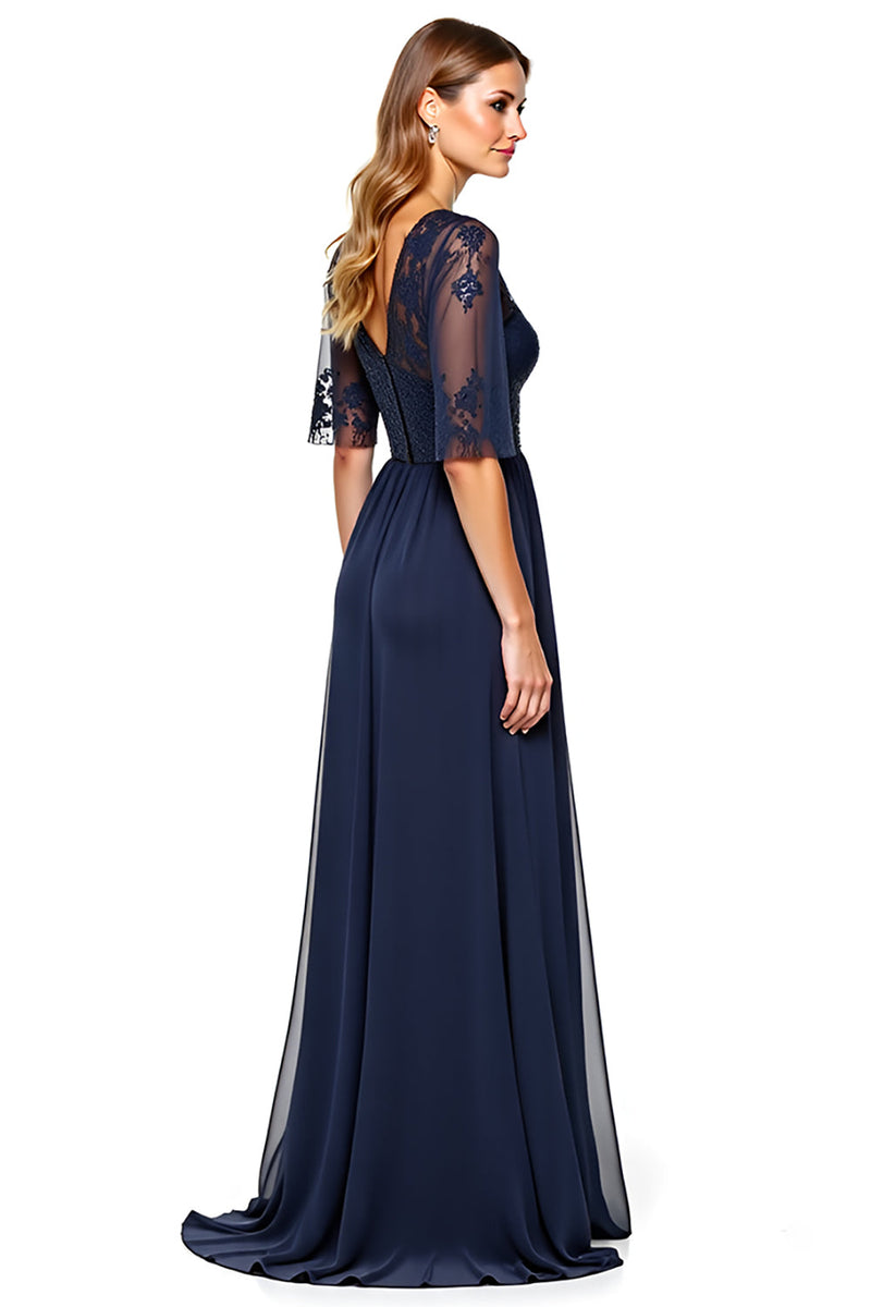 Load image into Gallery viewer, Navy A Line V-Neck Long Backless Mother of the Bride Dress with Sequins
