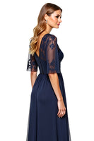 Load image into Gallery viewer, Navy A Line V-Neck Long Backless Mother of the Bride Dress with Sequins