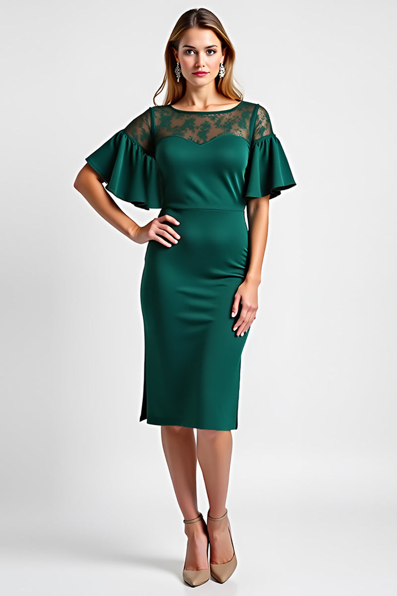Load image into Gallery viewer, Dark Green Midi Boat Neck Ruffled Sleeve Mother of the Bride Dress with Lace
