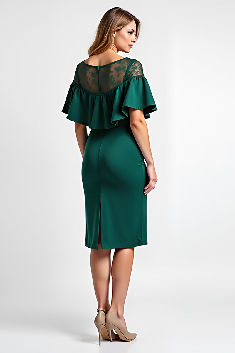 Load image into Gallery viewer, Dark Green Midi Boat Neck Ruffled Sleeve Mother of the Bride Dress with Lace