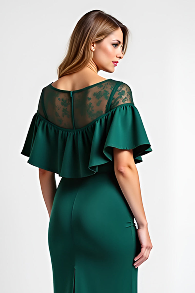 Load image into Gallery viewer, Dark Green Midi Boat Neck Ruffled Sleeve Mother of the Bride Dress with Lace