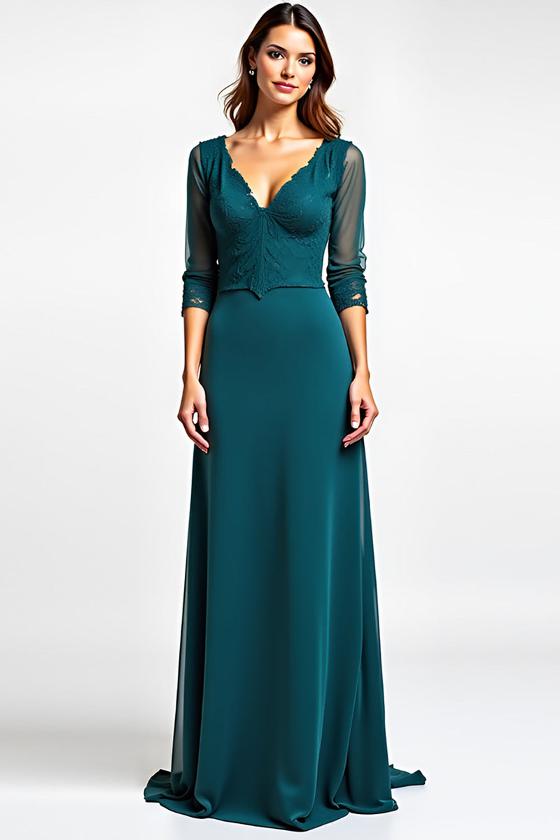 Load image into Gallery viewer, Peacock A Line V-Neck Long Backless Mother of the Bride Dress
