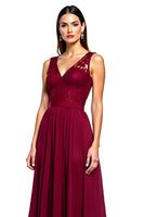 Load image into Gallery viewer, Burgundy A Line Long Chiffon Formal Dress with Appliques