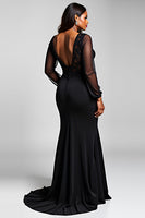 Load image into Gallery viewer, Black V-Neck Long Sleeves Chiffon Formal Dress with Slit