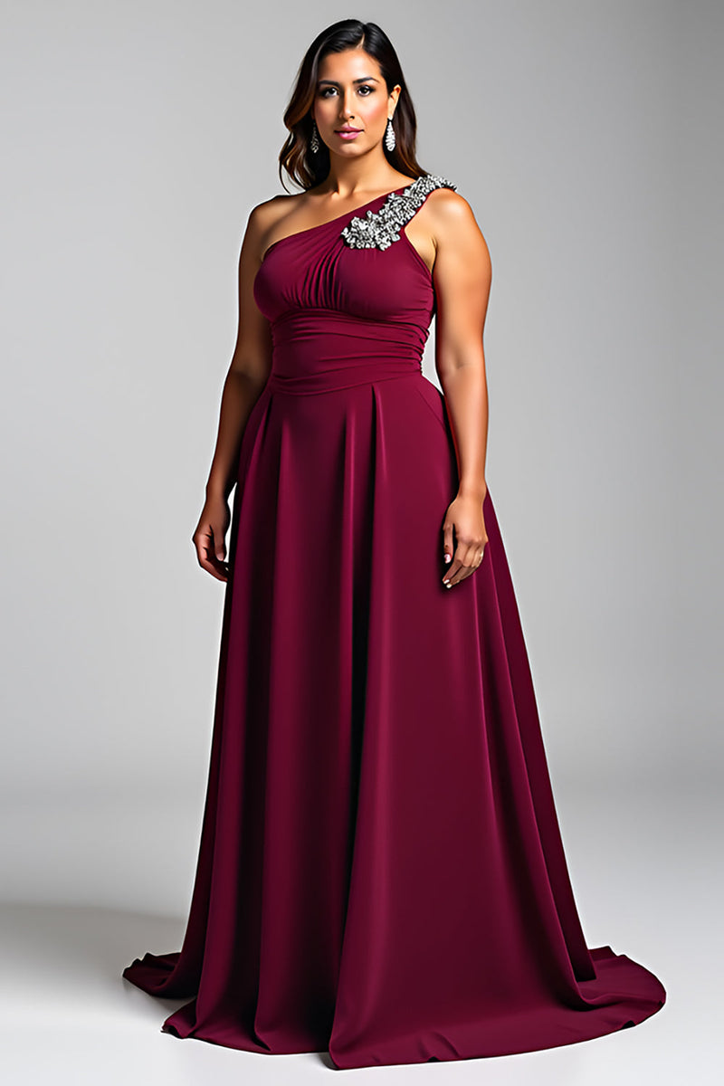 Load image into Gallery viewer, Burgundy One Shoulder A Line Long Chiffon Formal Dress with Beading