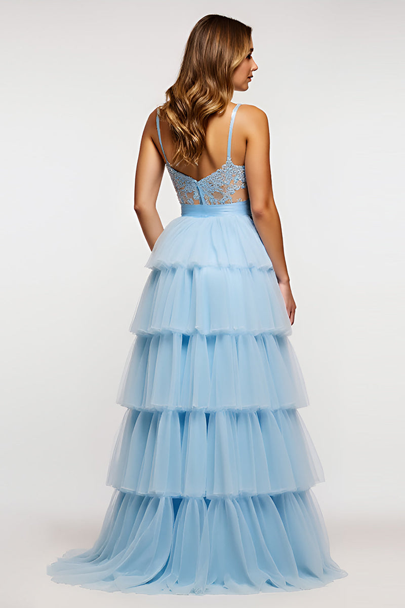 Load image into Gallery viewer, Sky Blue Long Tiered Tulle Long Prom Dress with Appliques