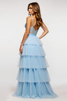 Load image into Gallery viewer, Sky Blue Long Tiered Tulle Long Prom Dress with Appliques