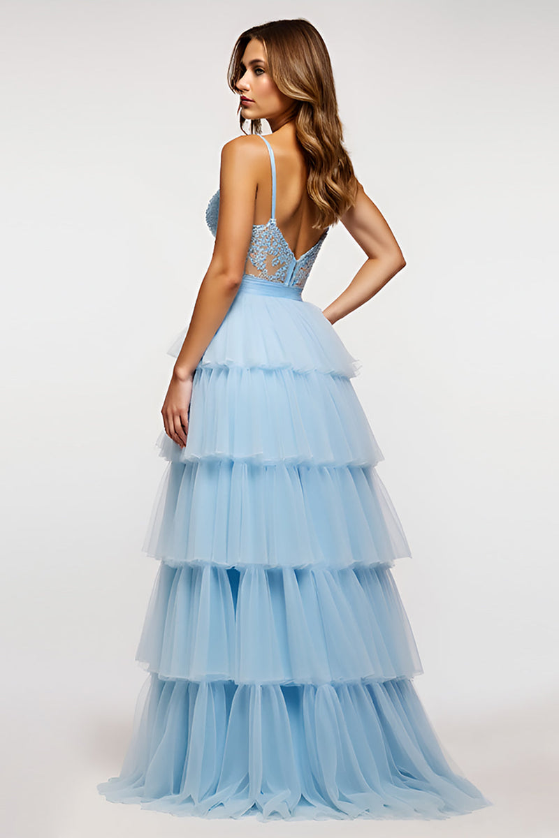 Load image into Gallery viewer, Sky Blue Long Tiered Tulle Long Prom Dress with Appliques