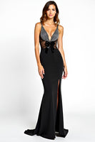 Load image into Gallery viewer, Black Mermaid V-Neck Bow Long Beaded Graduation Dress with Slit