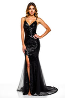 Load image into Gallery viewer, Women Sparkly Black Mermaid Gown Sequins Long Formal Dress with Slit Backless Tulle Sleeveless Spaghetti Straps Prom Dress