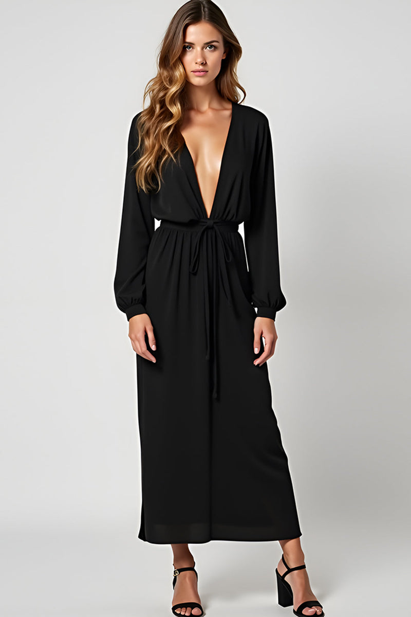 Load image into Gallery viewer, Women Black Long Chiffon Party Dress Long Sleeves Deep V-Neck Little Black Dress
