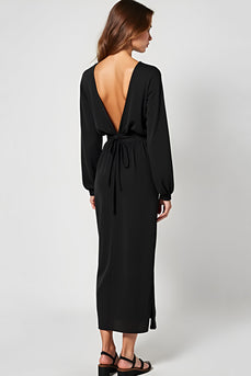 Black Deep V-Neck Long Formal Dress with Long Sleeves