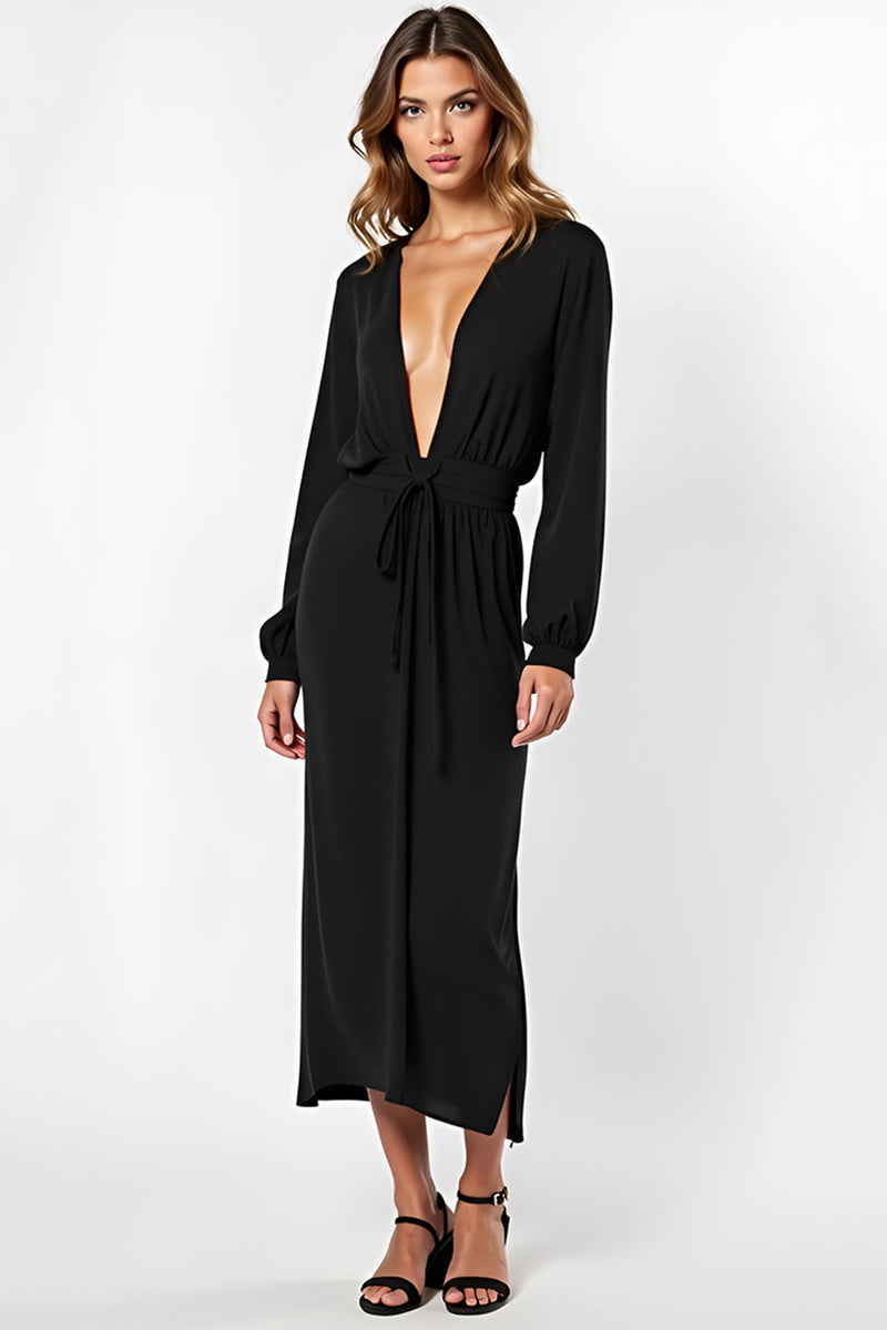 Load image into Gallery viewer, Black Deep V-Neck Long Formal Dress with Long Sleeves