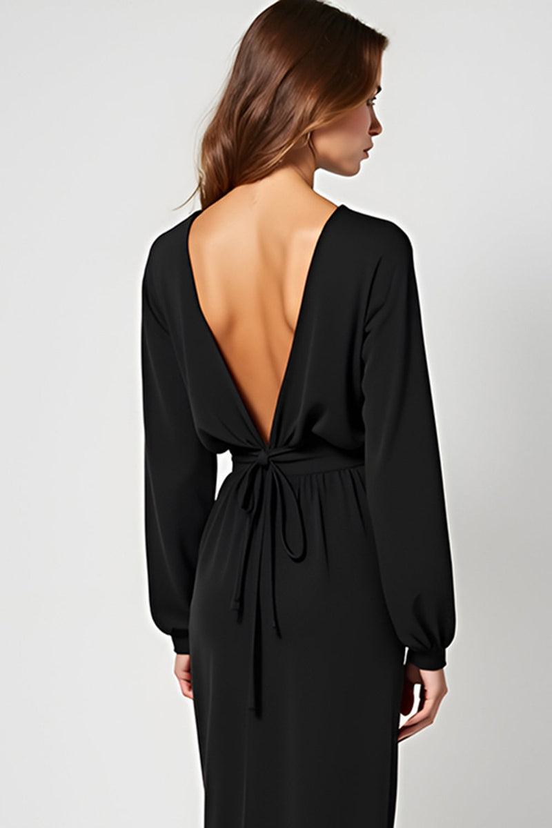 Load image into Gallery viewer, Black Deep V-Neck Long Formal Dress with Long Sleeves