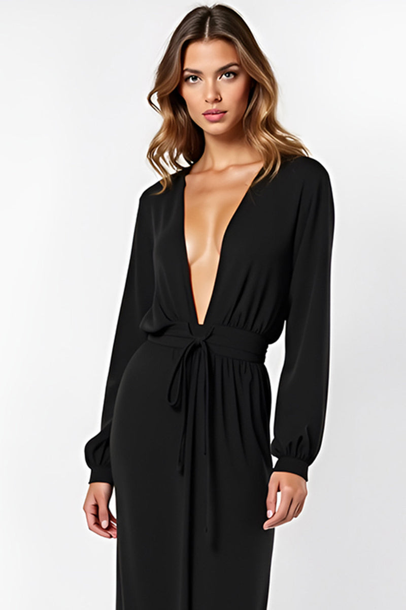 Load image into Gallery viewer, Black Deep V-Neck Long Formal Dress with Long Sleeves
