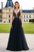Load image into Gallery viewer, Black A Line V-Neck Long Prom Dress with Lace