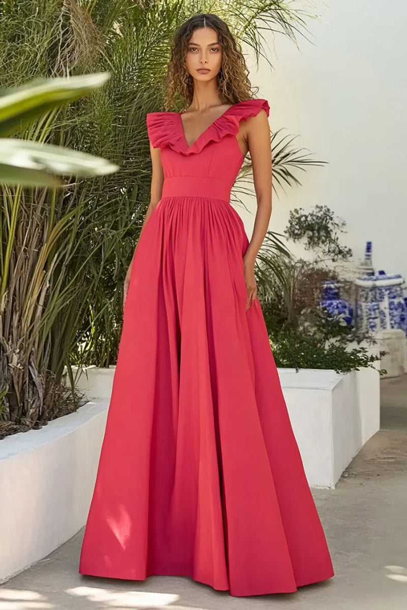 Load image into Gallery viewer, Red A Line Pleated Long Formal Dress with Ruffles