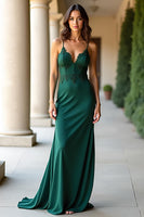 Load image into Gallery viewer, Dark Green Sheath Satin Long Prom Dress with Appliques
