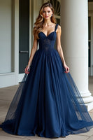 Load image into Gallery viewer, Navy A Line Spaghetti Straps Long Prom Dress